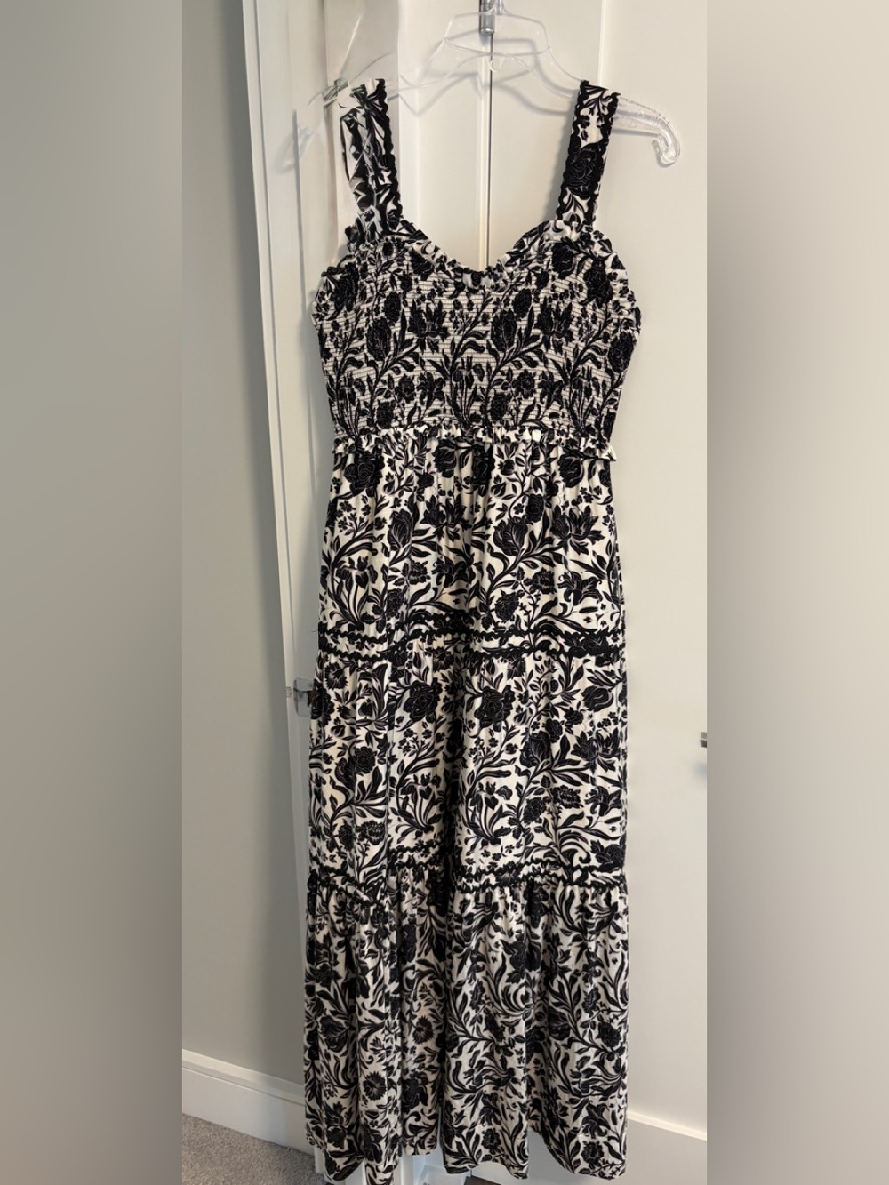Black & White Floral Midi Dress with stretch upper and ruffle straps